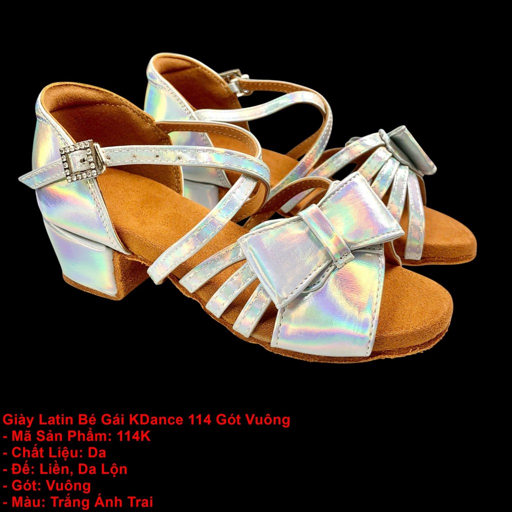Giày Khiêu Vũ Dancesports Latin Bé Gái KDance 114 Gót Vuông (114K) - Trắng Ánh Trai. (Tặng túi đựng 