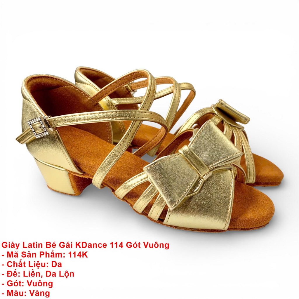 Giày Khiêu Vũ Dancesports Latin Bé Gái KDance 114 Gót Vuông (114K) - Vàng (Tặng túi đựng giày)
