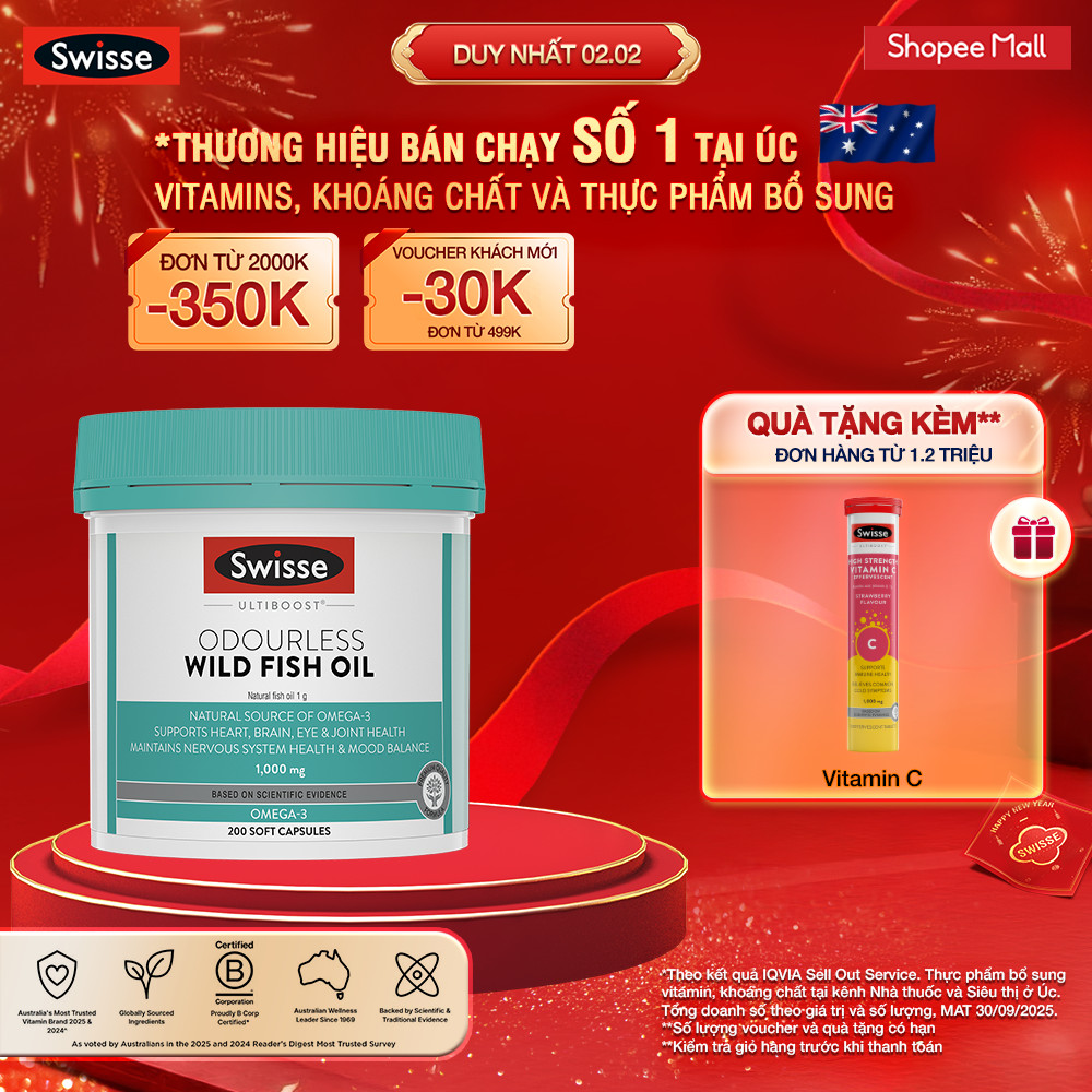 Viên dầu cá Swisse Ultiboost Odourless Wild Fish Oil 1000mg (200 viên)