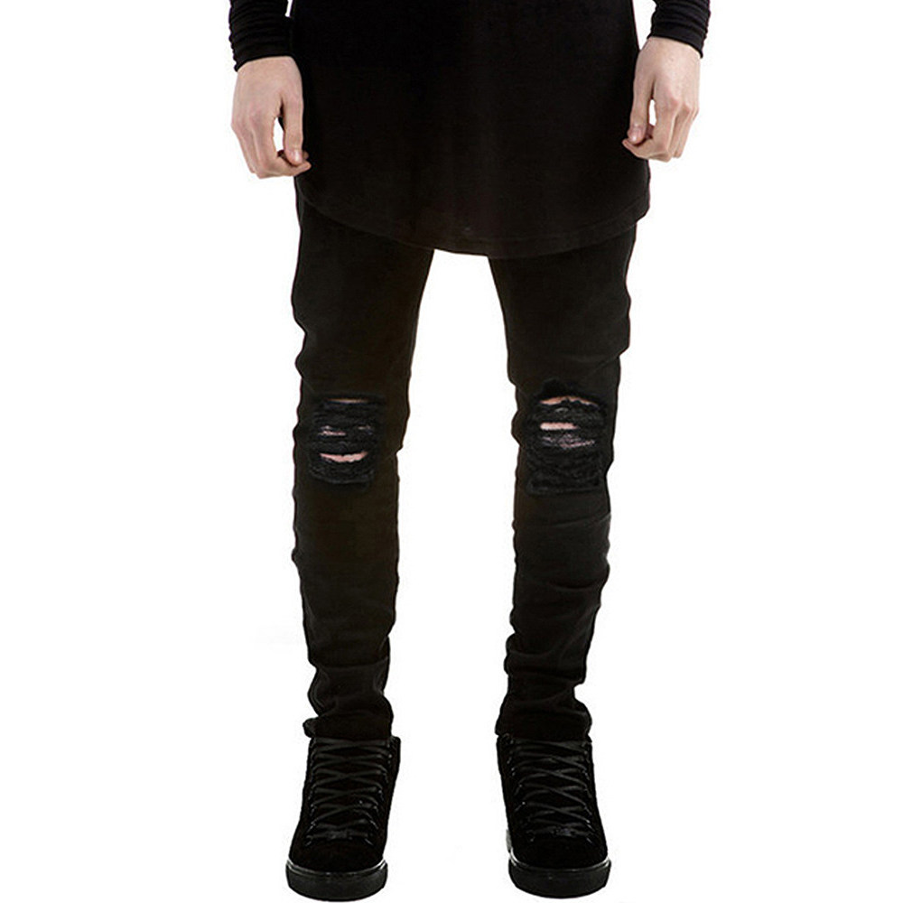 quần bò nam rách gối quần bò nam ống suông FOG Quần jean đen xẻ tà thời trang High Street Ripped Sli