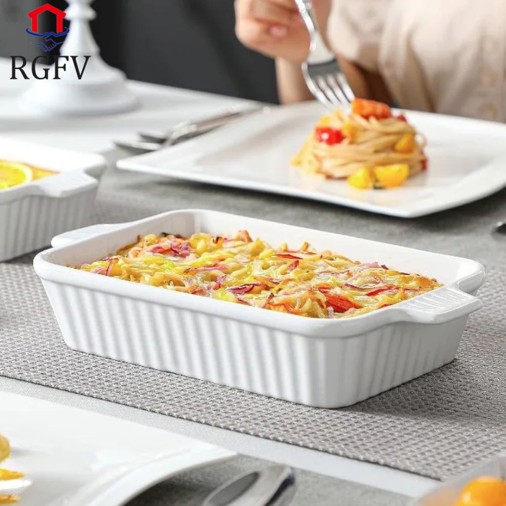 RGFV Đĩa nướng RGFV, Khay nướng gốm sâu hình chữ nhật, đa năng có tay cầm họa tiết sọc Lasagna Pan R