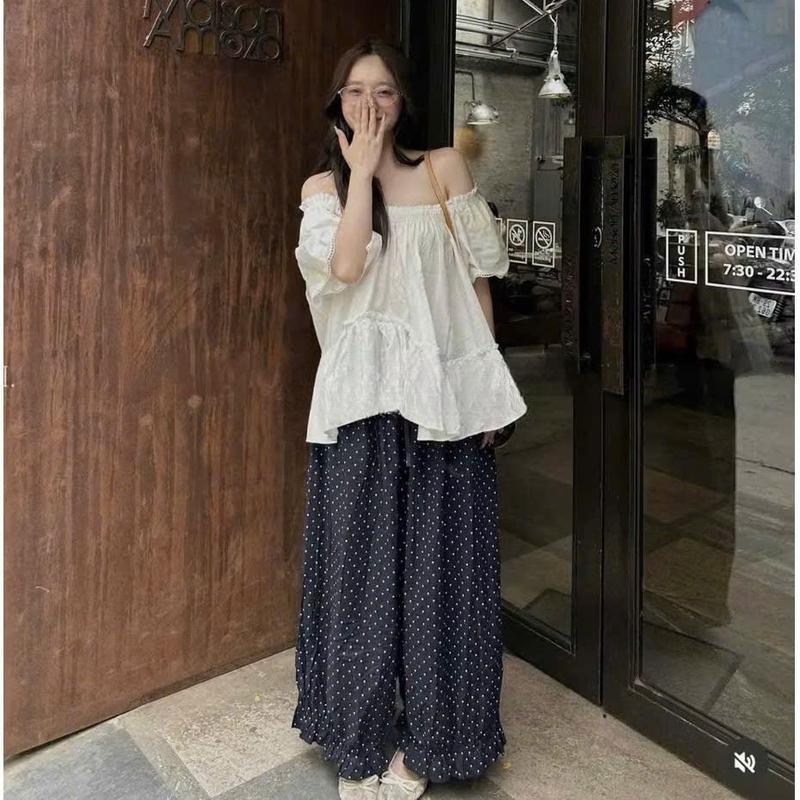 Quần Bom Thụng Nữ Ống Rộng Cạp Chun Dây Rút Họa Tiết Chấm Bi Chất Đũi Mềm, Mát Phối Chân Bèo Tiểu Thư M33 | BigBuy360 - bigbuy360.vn