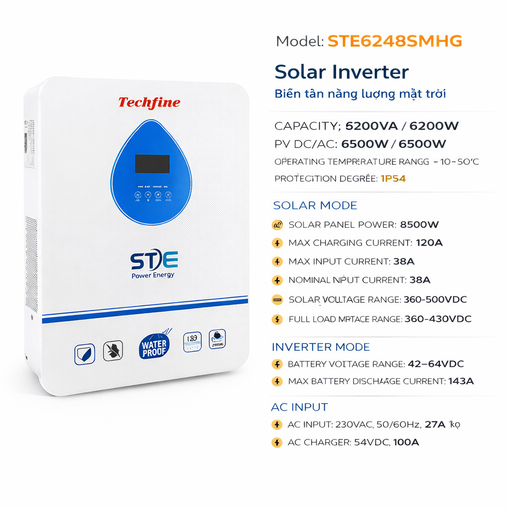 INVERTER SOLAR STE TECHFINE 6200W - 48VDC - CHUẨN IP54 | KHÁNG NƯỚC, KHÁNG BỤI | CHẠY ỔN ĐỊNH NGOÀI 