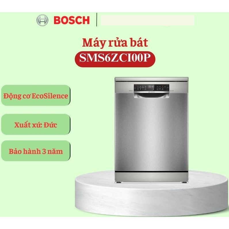 Máy Rửa Bát Độc Lập BOSCH SMS6ZCI00P SERIES 6 - Sấy Zeolith, 14 Bộ, Tiết Kiệm Điện