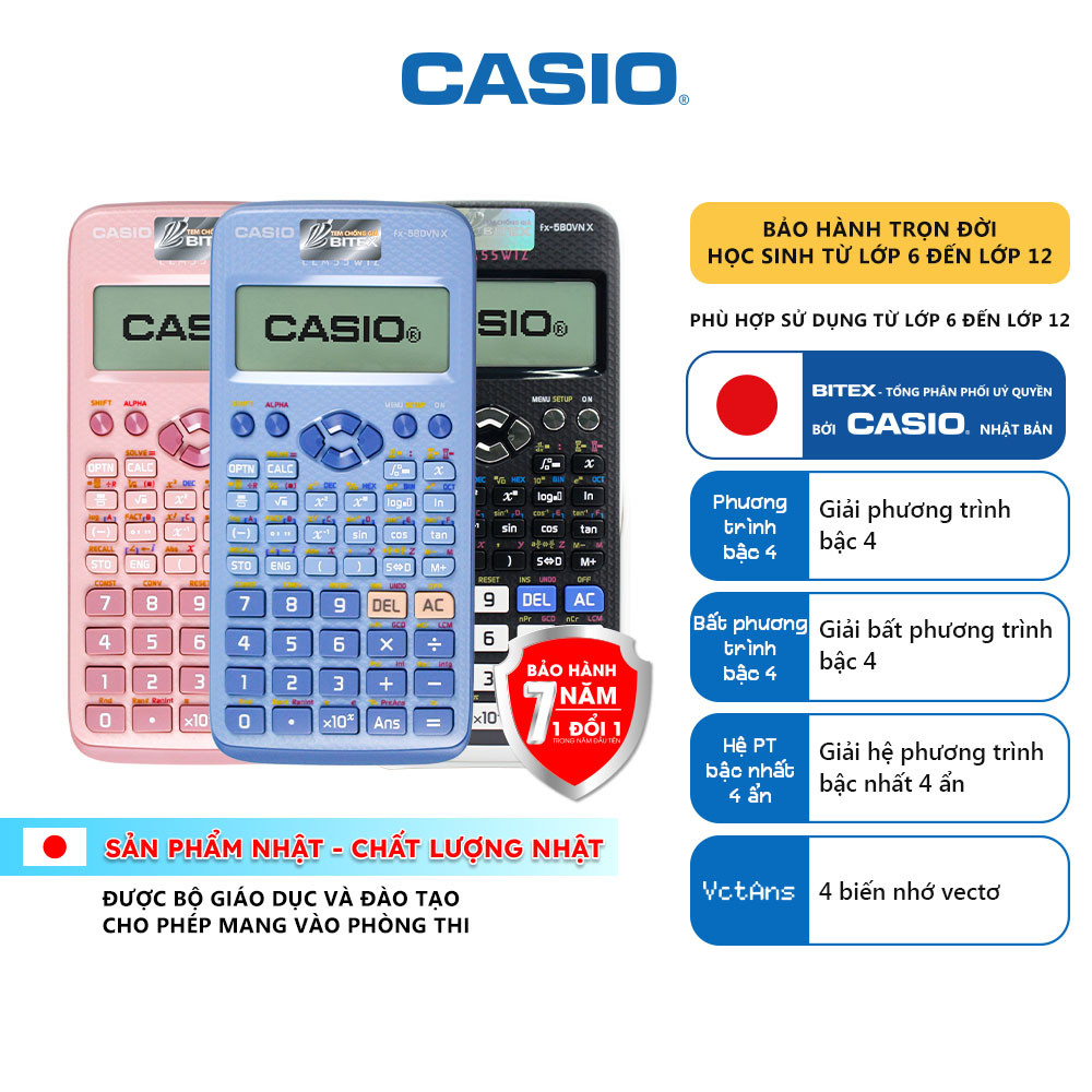 [Bitex] Máy tính Casio Fx-580VNX màu đen/ xanh/ hồng dành cho học sinh, sinh viên