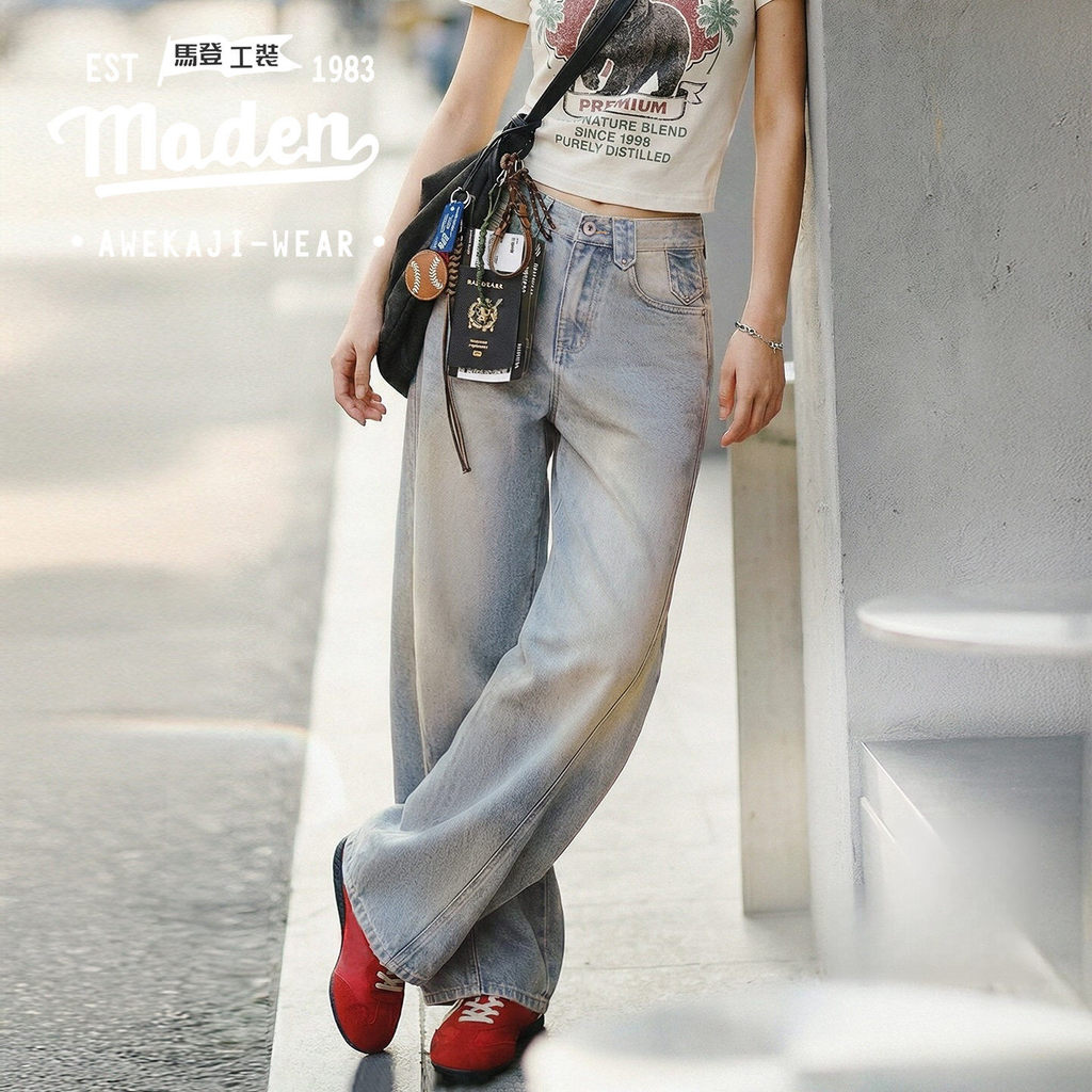 MADEN Quần Jeans Xuân Phong Cách Retro Ống Rộng Ôm
