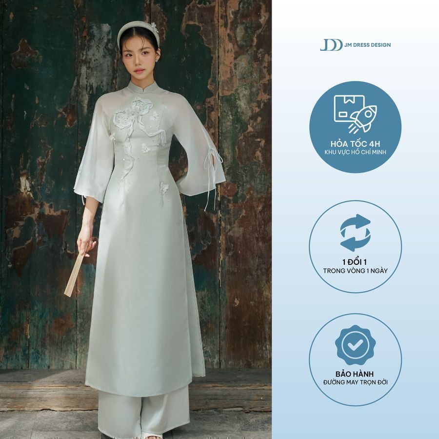 Áo dài Mị Sắc - Áo dài cổ tàu đính nơ, tay xẻ nơ 2M03.2410TF, áo dài cách tân thiết kế bởi JM Dress 