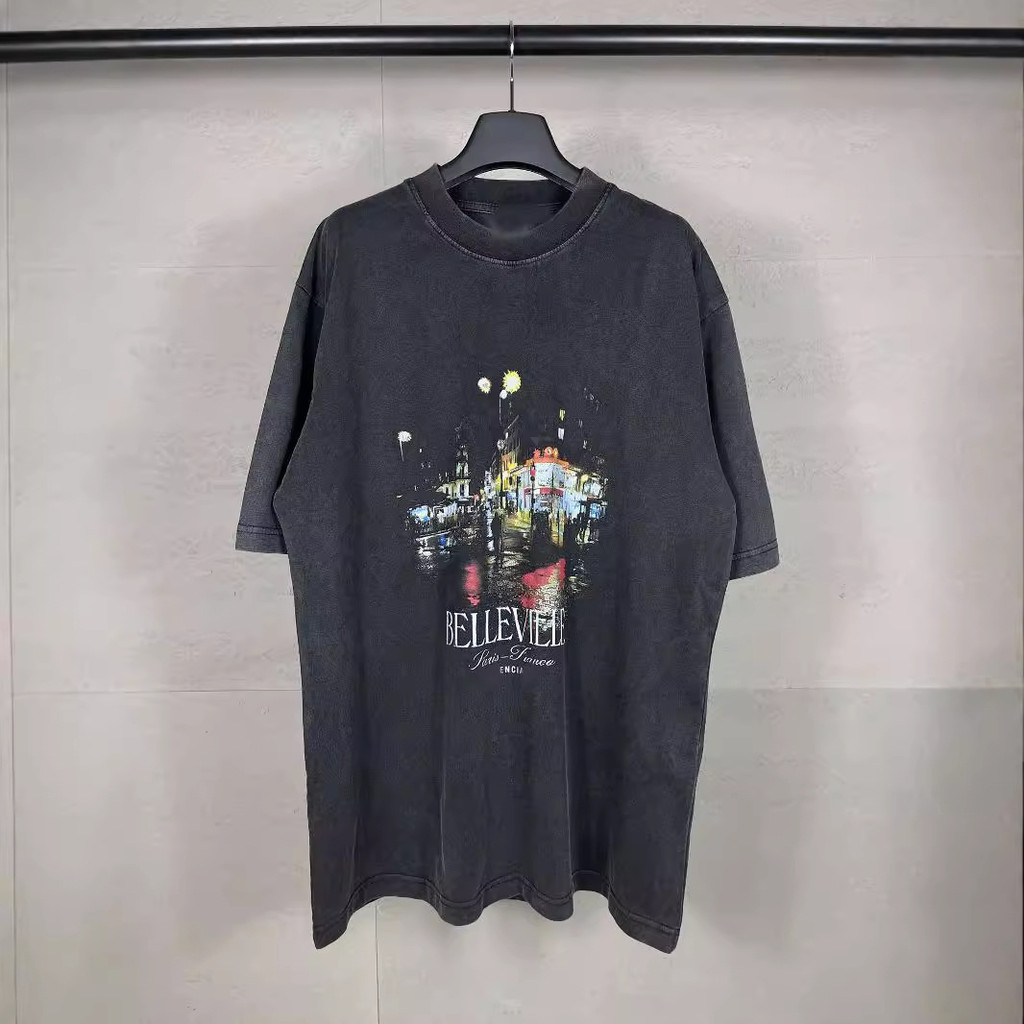 BLCG# New front night scene retro print washed distressed unisex short-sleeve couple style trendy sh