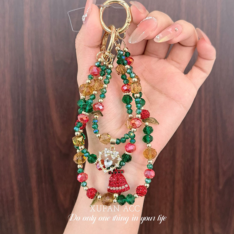 Red and green mobile phone charm  glass crystal keychain three-layer zircon pendant, beaded design, 
