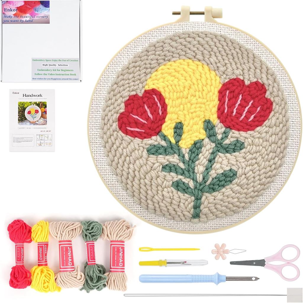 Enkor Punch Needle Kit Người lớn Người mới bắt đầu, Bộ dụng cụ thêu đục lỗ kim Người mới bắt đầu Trẻ