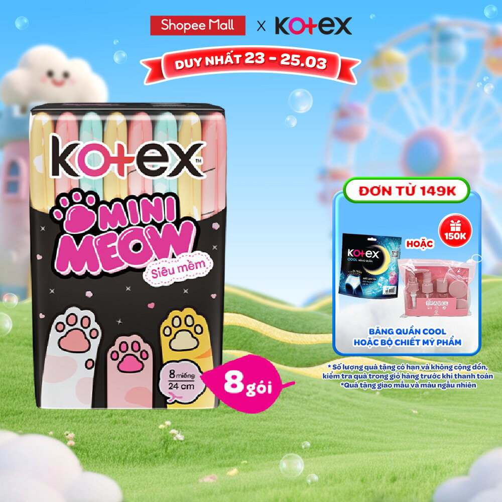 Lốc 8 Băng vệ sinh Kotex MiniMeow Siêu mềm siêu mỏng cánh 8 miếng