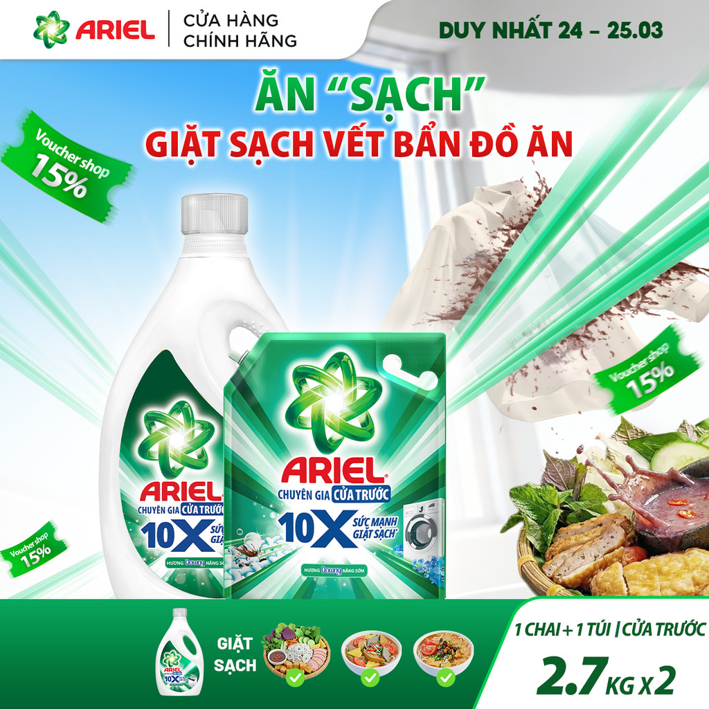 Combo Túi Nước Giặt Ariel Platinum 10X Cửa Trước 2.7KG & Nước Giặt Cửa Trước Giặt Sạch Chai 2.7KG