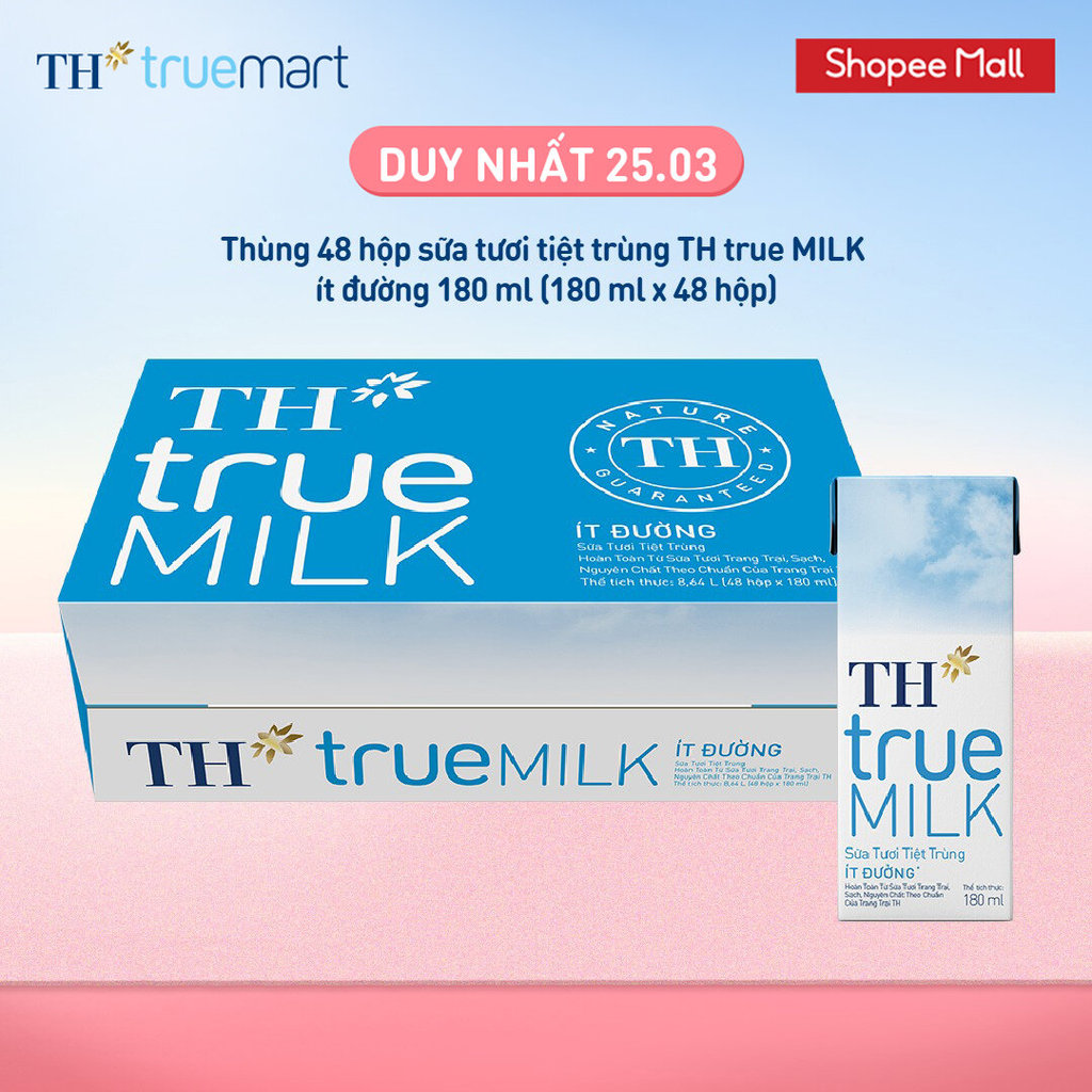 [LIVE STREAM] Thùng 48 hộp sữa tươi tiệt trùng TH true MILK ít đường 180 ml (180 ml x 48)