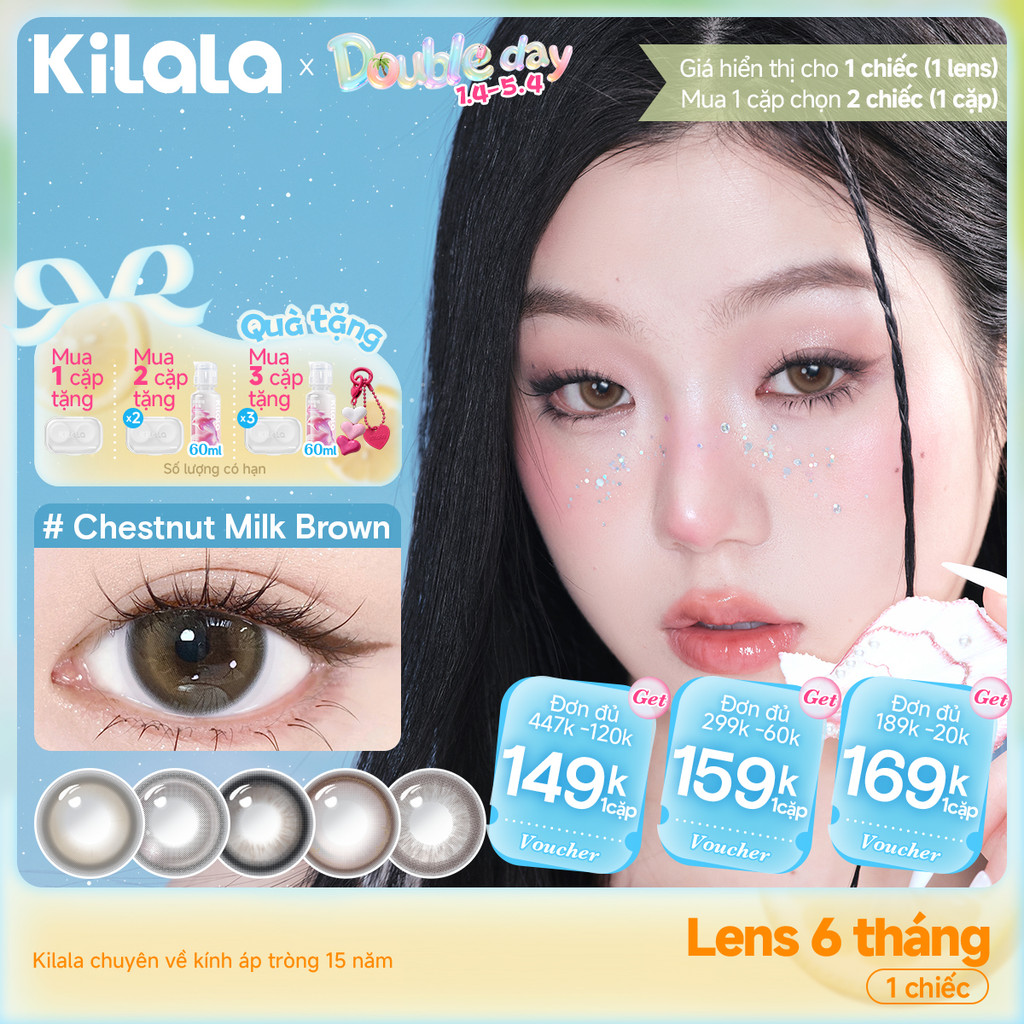 Kính áp tròng màu Kilala - Nâu Chestnut Milk Brown/ Xám Lychee Grey/ Xanh Pandora Blue lens cận 6 th