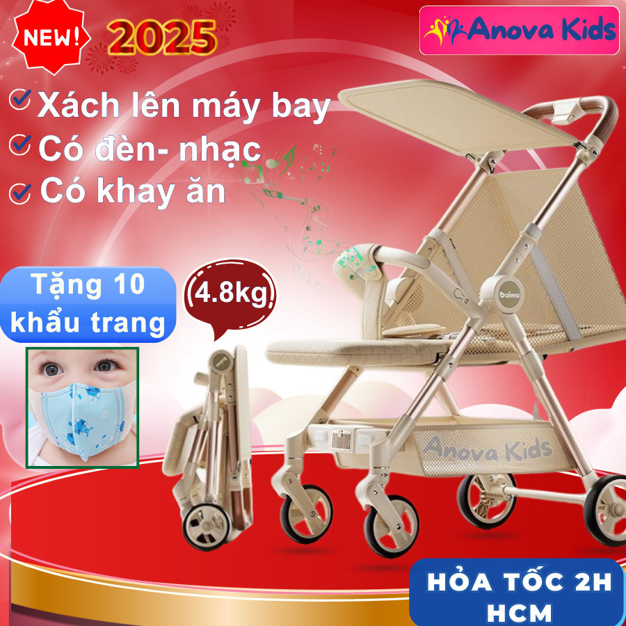 Xe đẩy cho bé  MẪU MỚI 2025 gấp gọn siêu nhẹ, từ 0-5 tuổi, có khay ăn, đèn và nhạc,xe đẩy du lịch ca