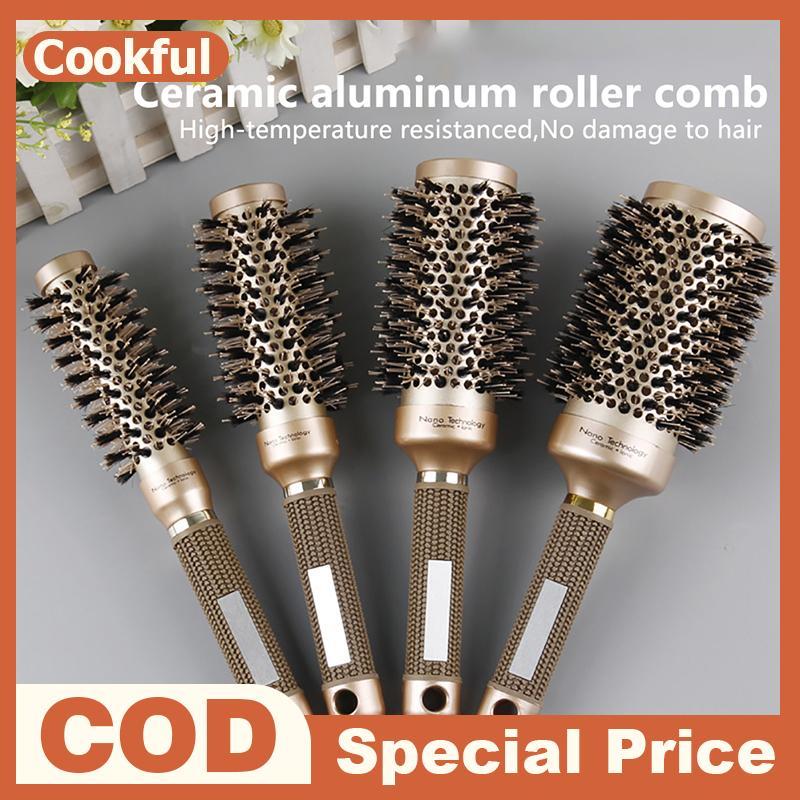 Null Professional Thermal Ceramic Ionic Round Barrel Tay cầm chống trượt Bàn chải tóc vàng rỗng