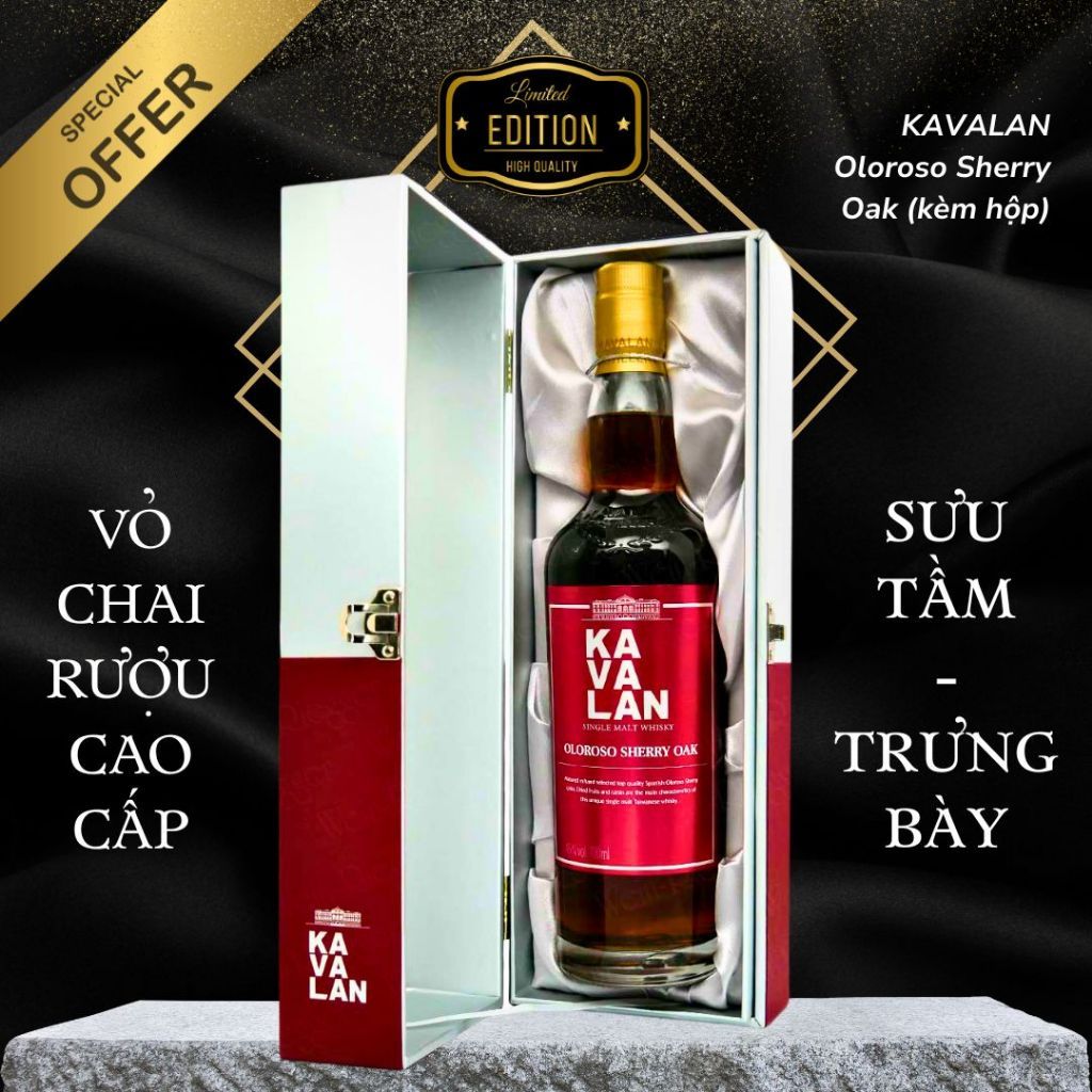 [KÈM HỘP] Vỏ chai rượu cao cấp Kavalan Oloroso Sherry Oak trưng bày sang trọng decor phòng khách quà
