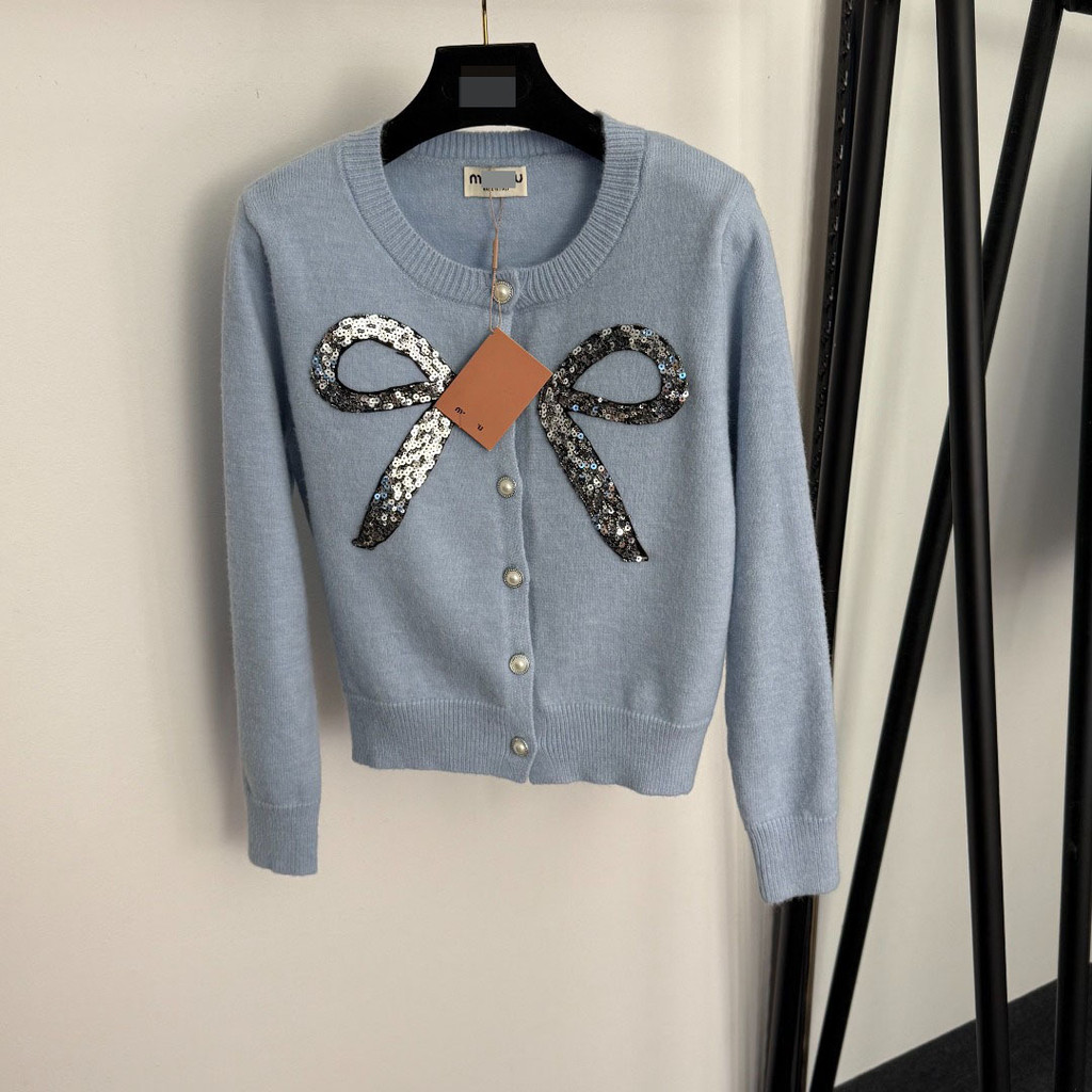 V4F2 M-U / Miu-M 2025Women's Elegant and Graceful Three-Dimensional Bow Sequin Beaded Slim-Fit Slimm