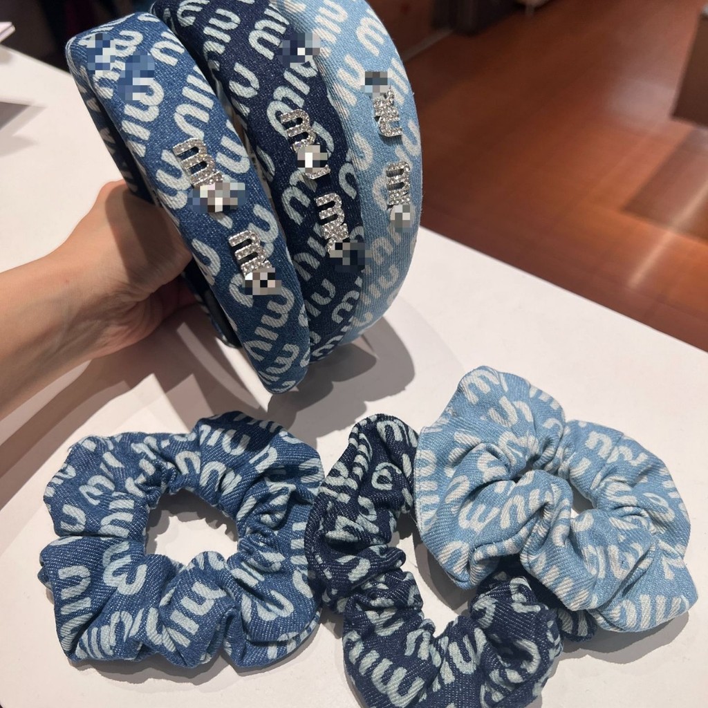 Spot Goods#Elegant Denim Color Miu Miu Headband Face Washing Hair Clip Headband Simple Fashion Socia