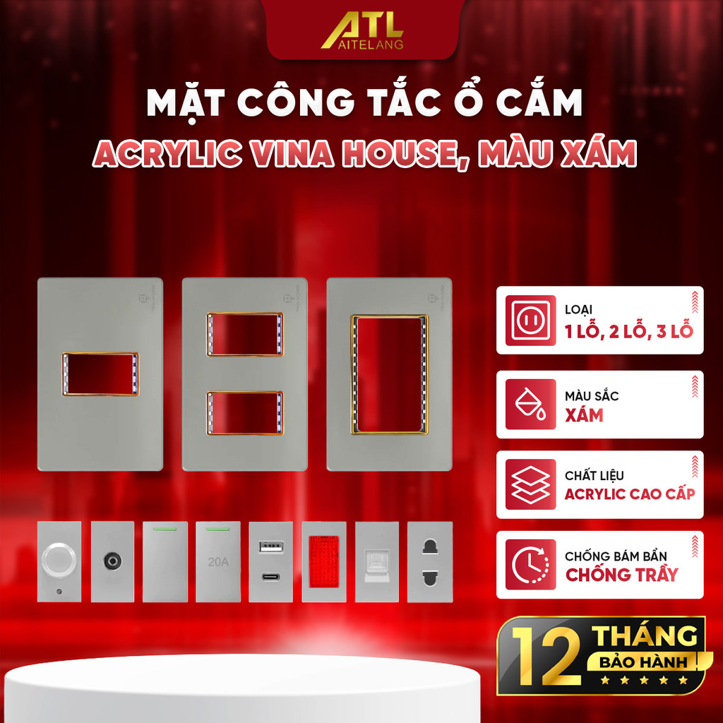 Mặt ổ cắm công tắc điện VinaHouse, ổ cắm vỏ Inox màu ghi xám, bền đẹp, dễ lắp đặt, an toàn điện