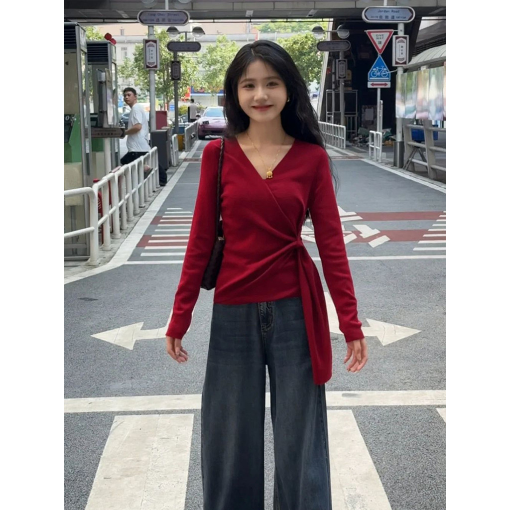 áo croptop len áo croptop len tăm Áo Len Đỏ Cho Nữ, Thiết Kế Ôm Vừa Vặn, Phù Hợp Mùa Xuân Thu