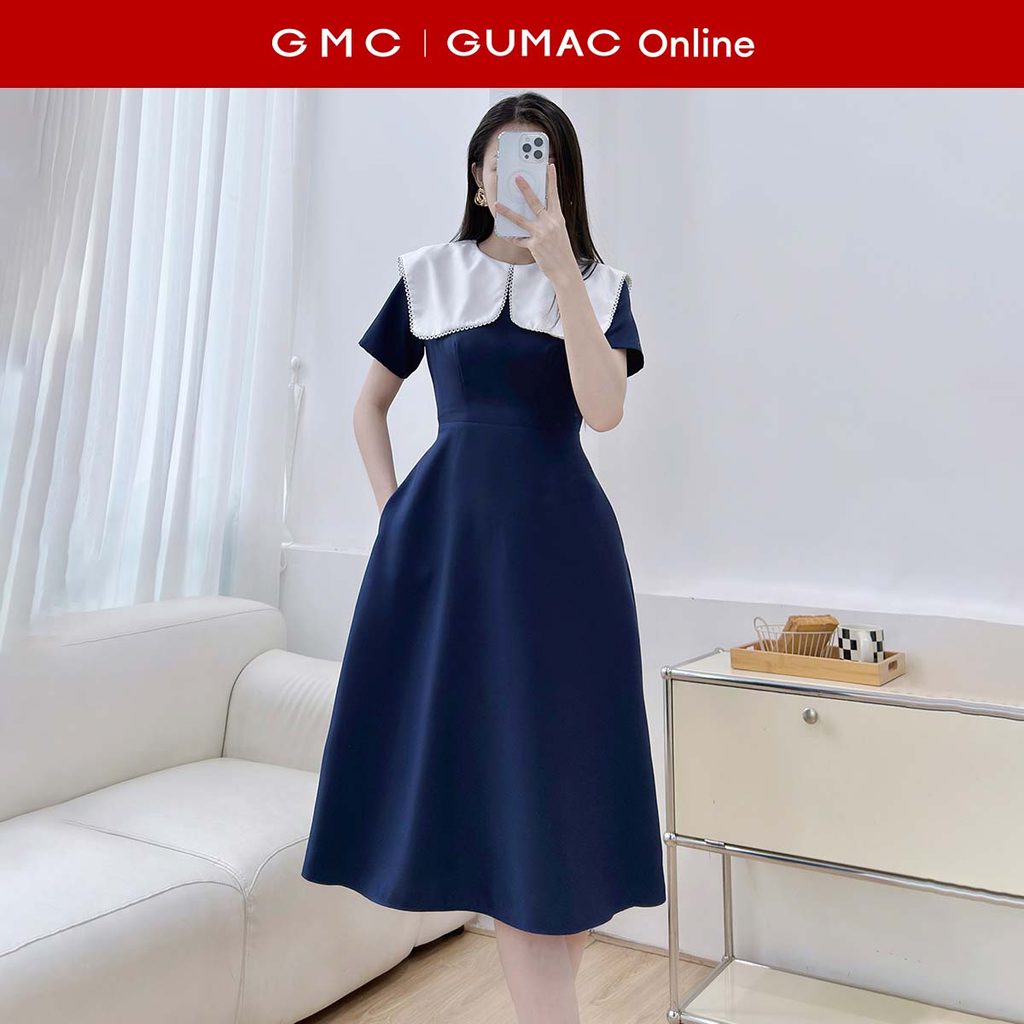 Đầm nữ dáng A xòe phối cổ có viền chân ren có túi hai bên sườn chất liệu bố thái thời trang GUMAC LD