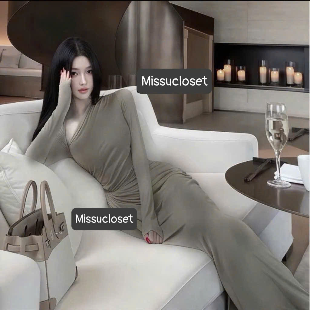 [HÀNG THIẾT KẾ] Váy body dài tay chéo vai đầm body trễ vai dáng dài váy dài body đầm maxi đầm đi tiệ