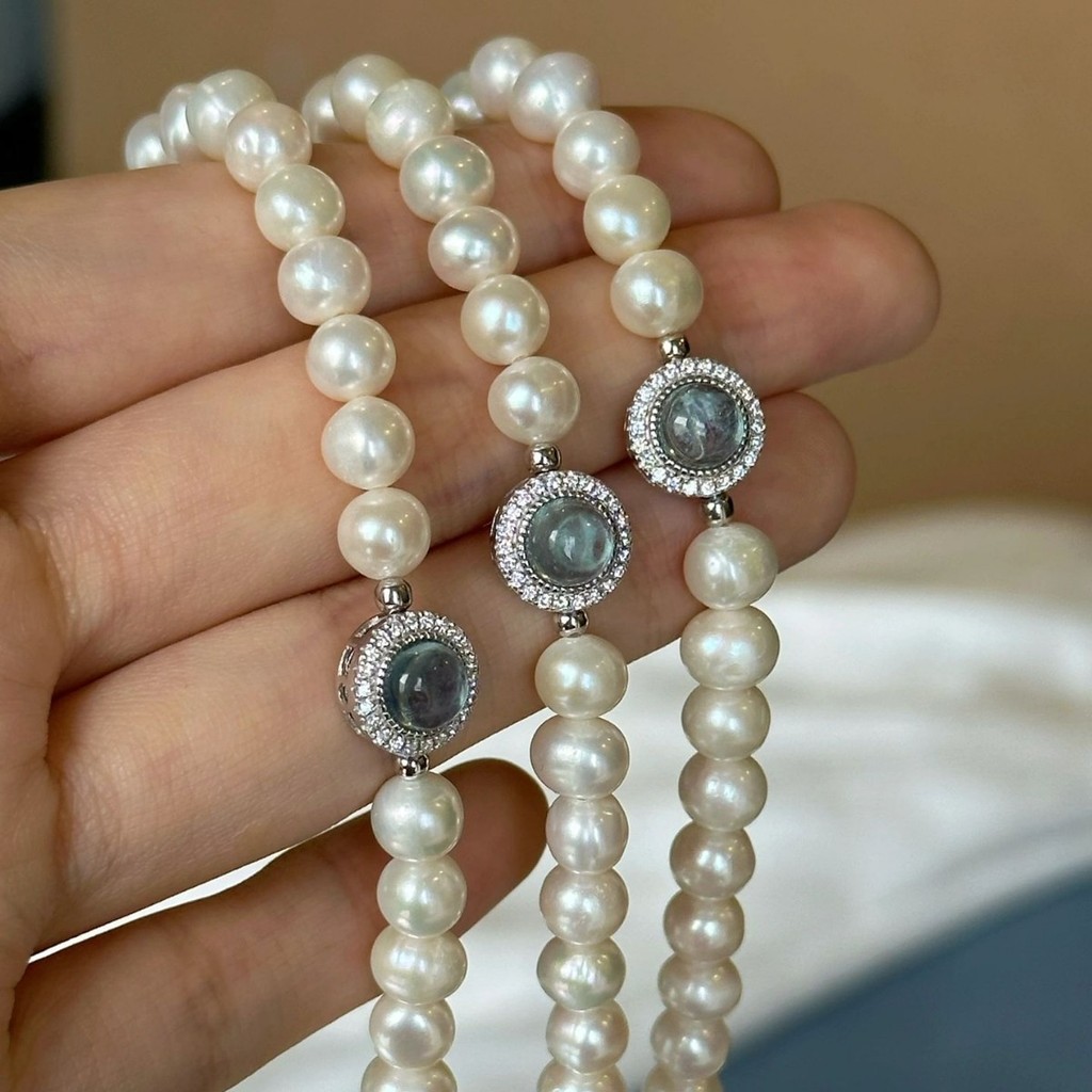 Aquamarine s925Silver Natural Freshwater Pearl Bracelet