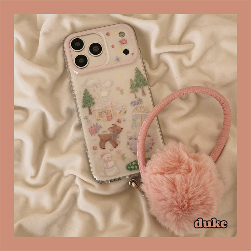 Độc Đáo ins Màu Hồng Graffiti House Nai Sừng Tấm Dây Thích Hợp Cho Apple 17promax Ốp Điện Thoại Nhật