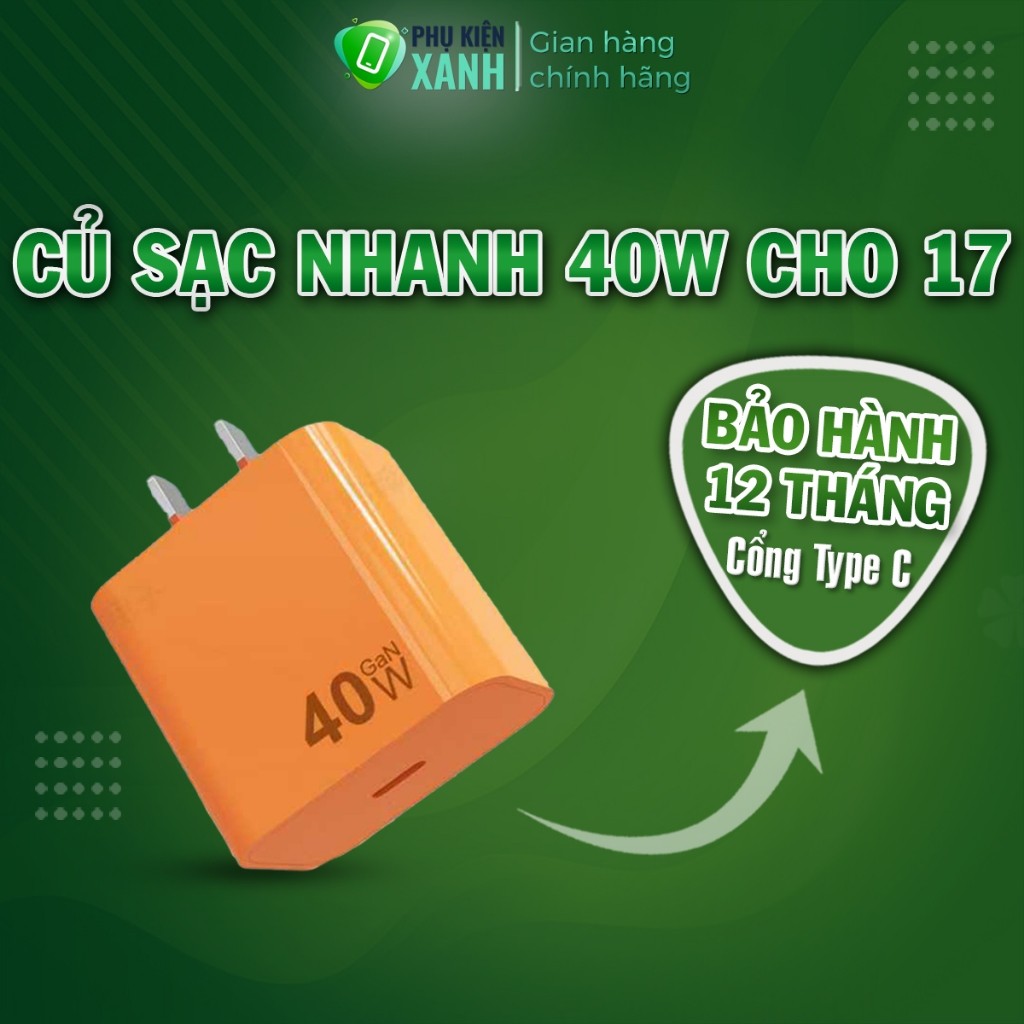 Củ sạc siêu nhanh 40W màu cam, Cốc sạc 2 cổng Type-C 40W giá rẻ, Sạc nhanh PD 40W cho điện thoại 17 