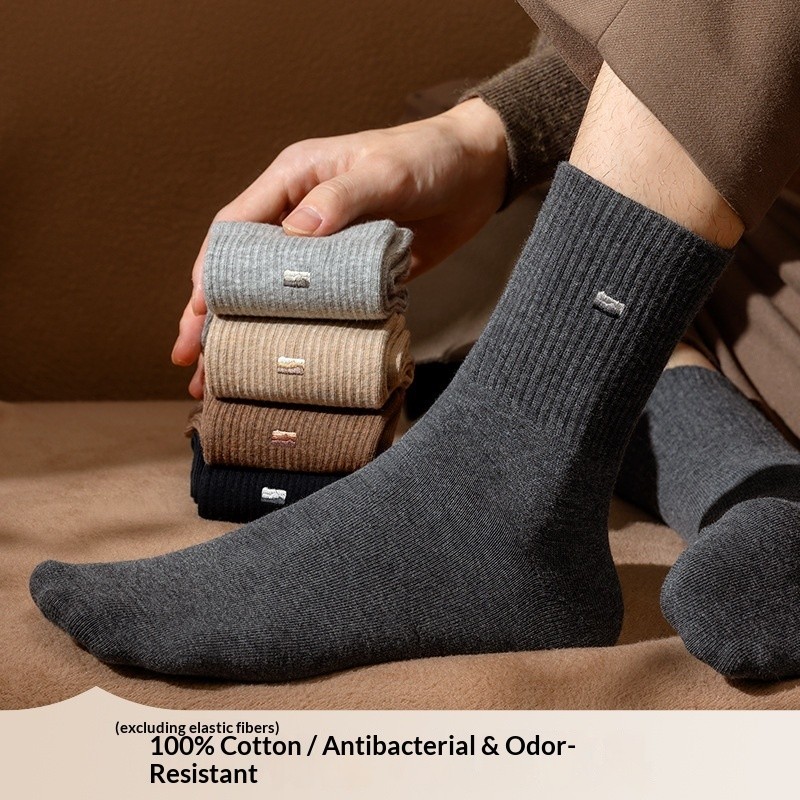 100% Cotton Tất Nam Cotton Nguyên Chất Giữa Ống Tất Đen Thu Đông Cotton Hút Mồ Hôi Khử Mùi Kháng Khu