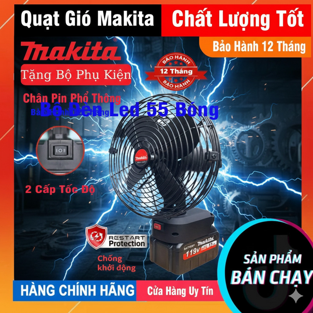 Bộ quạt pin 8 inch Makita, Có túc lăng đảo chiều - 2 cấp độ gió + Kèm pin lớn 10 Cell 6.0Ah - Bảo hà