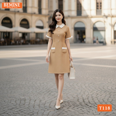 Đầm thiết kế cao cấp BEMINE cổ đức đính cúc dáng chữ A-T118
