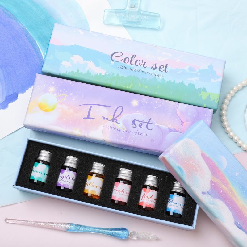 Hot Sale#Gold glitter ink set, fountain pen, glass dip pen, ink gift pen, colorful small bottle ink,