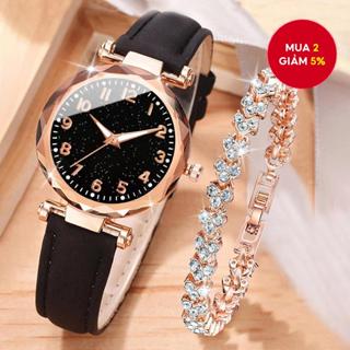 Đồng hồ thạch anh nữ thanh lịch - Dây da có dấu vảy & Vòng tay trái tim đính kim cương
