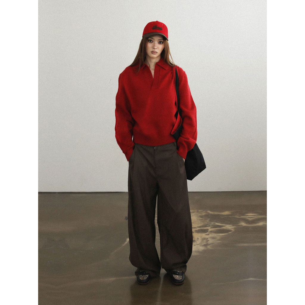 Badblood Rouge red wool V Women's turtleneck sweater with a retro, laid-back vibe and loose fit polo