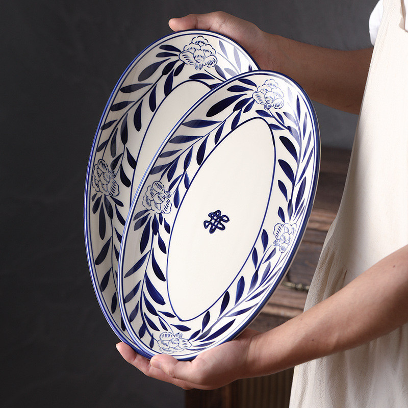 Đĩa Cá Hộ Gia Đình Hấp Cá Đĩa Gốm Rau Đĩa Underglaze Màu Bộ Đồ Ăn Cảm Giác Hấp Cá Đĩa Sáng Tạo Lớn Đ