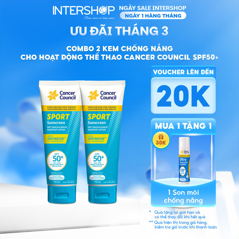 Combo Kem Chống Nắng Cancer Council Sport SPF50+ cho người chơi thể thao, làm việc ngoài trời,kháng 