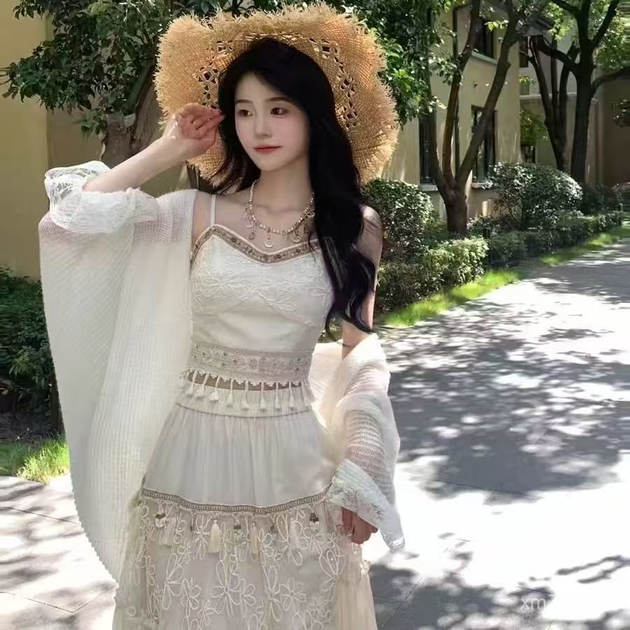 Phổ Biến Bohemian Rhapsody Retro Phong Cách Dân Tộc Sling Top Viền Váy Dài Phù Hợp Với