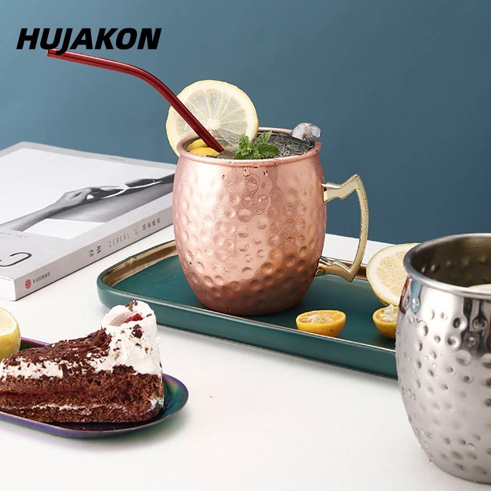 Cốc đồng nguyên chất HUJAKON, Cốc mule Moscow dày, có tay cầm đinh tán chắc chắn 500ml Thủ công mịn 