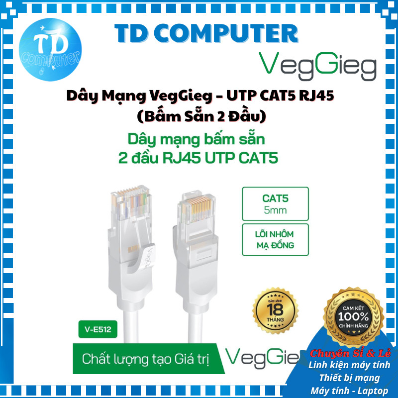 Dây cáp mạng 2m - 30m VegGieg – UTP CAT5 RJ45 (Bấm Sẵn 2 Đầu)