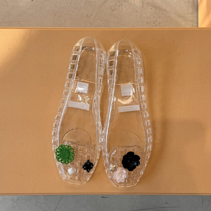 Style~Square-toed, shallow-cut, transparent hollow-out women's flat shoes80Vintage retro jelly women