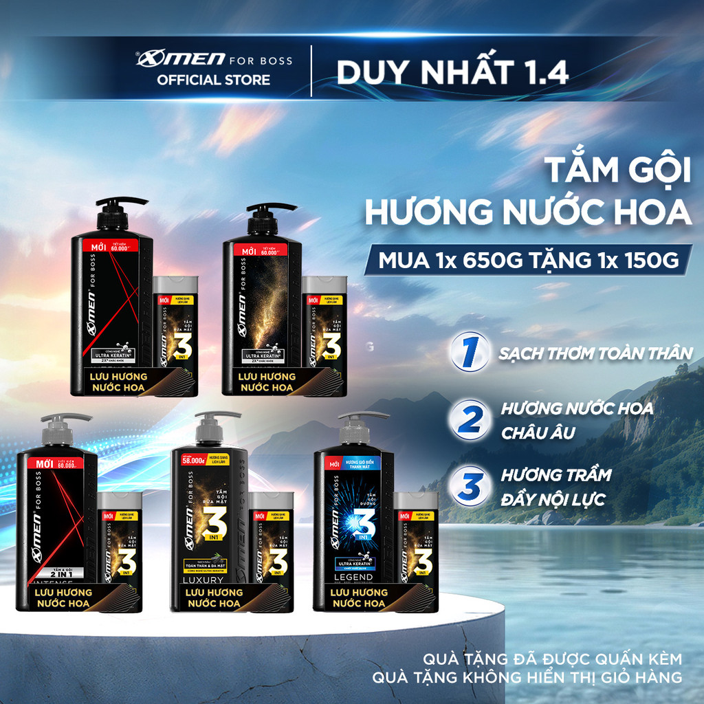 Combo Dầu gội / Tắm Gội Cho Nam Xmen for Boss 630g và Tắm Gội Luxury 150g - Hương Nước Hoa Châu Âu L