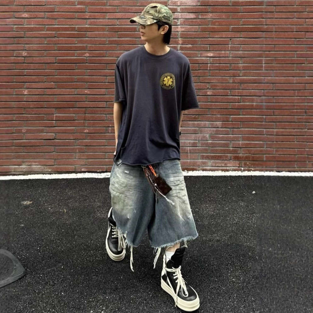 MARD GRAILZ PROJECT GR Distressed wash, vintage look vintage Slogan printed short sleeve shirt T T-s