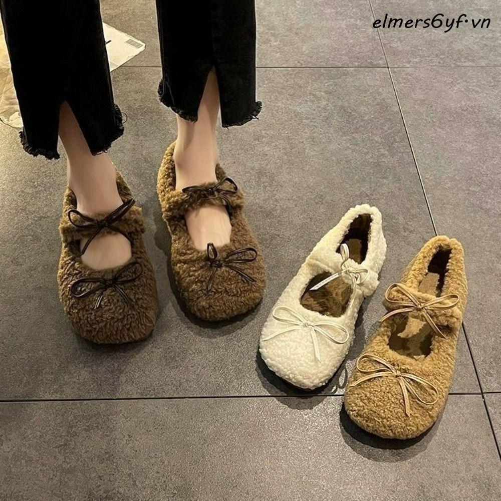 Giày đế bằng nơ ELMER, Đế bệt lông cừu dày mềm mại dành cho nữ, Dép ngọt ngào Dạo phố Chống trượt Mù