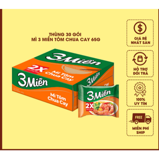 Thùng Mì Tôm 3 Miền Gói 65 Gam – Mì Ăn Liền Đậm Đà Hương Vị Việt, Ngon Chuẩn Ba Miền
