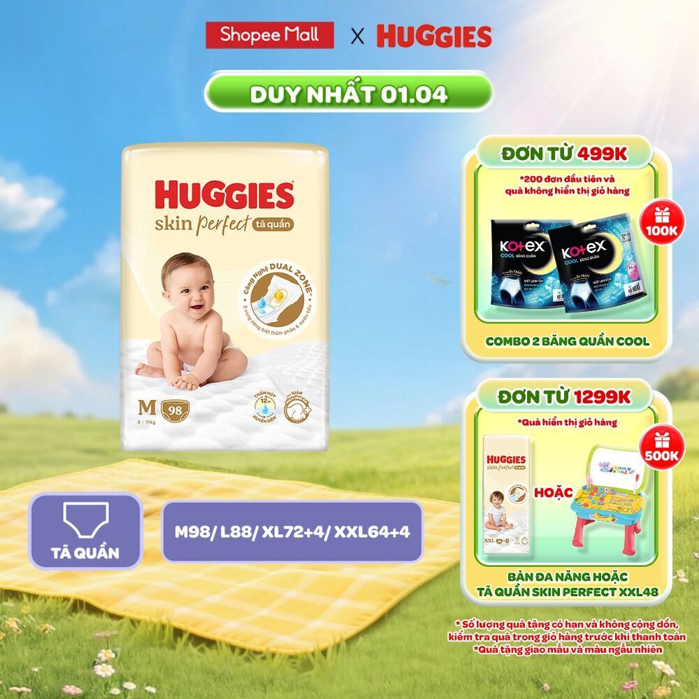 Tã quần Huggies Skin Perfect Mega Jumbo cỡ M/L/XL/XXL với 2 vùng thấm giảm kích ứng da