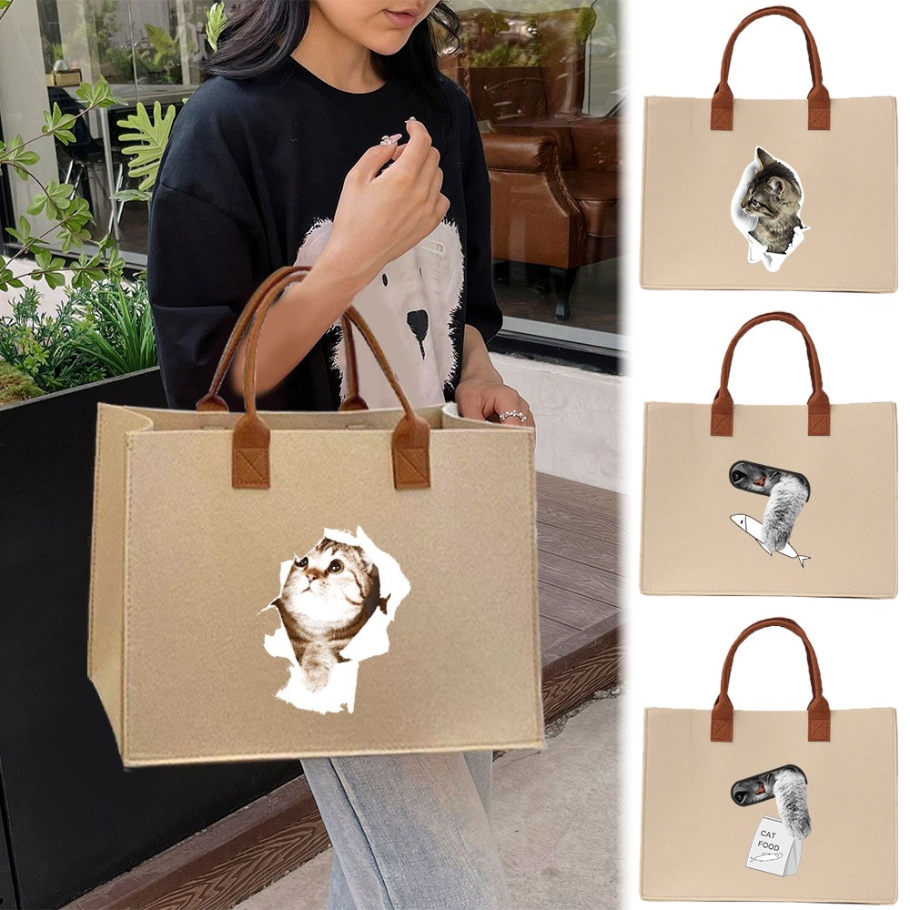 Large felt tote bag In stock Exquisite print Thickened 【Lowest price】 Felt tote bag Commuter shoppin