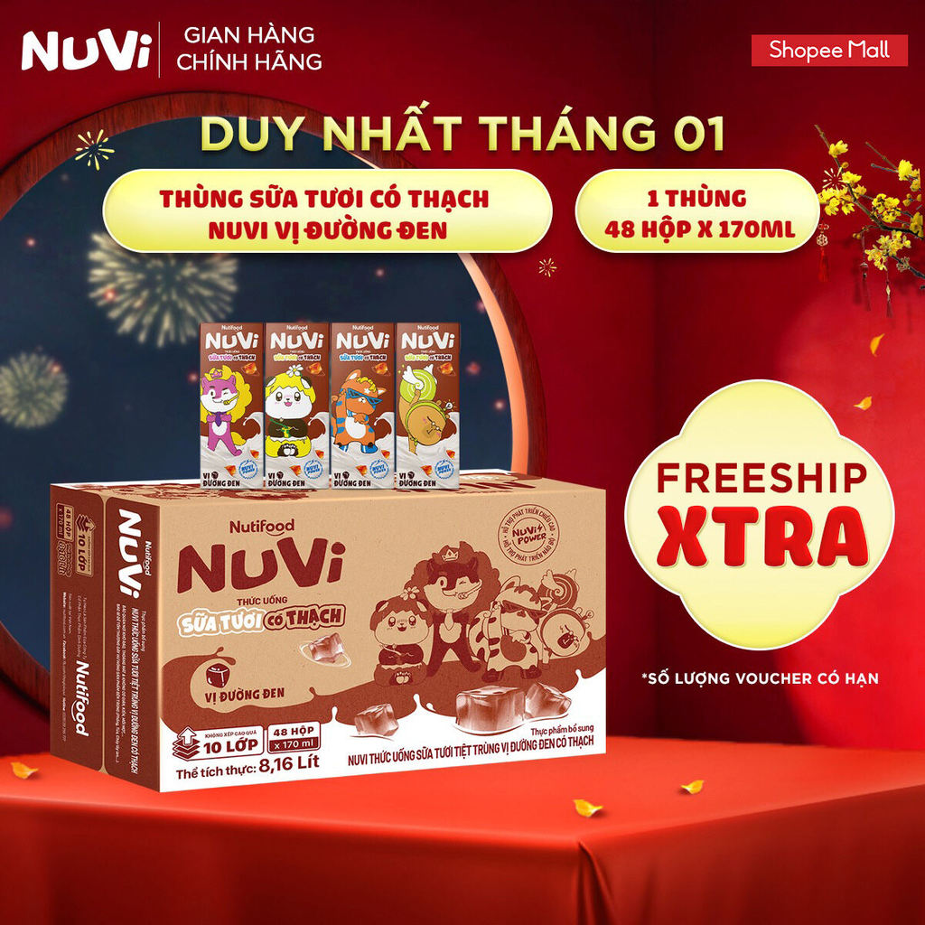 Thùng 48 Hộp Thức Uống Sữa Tươi Có Thạch NuVi Vị Đường Đen 170ml
