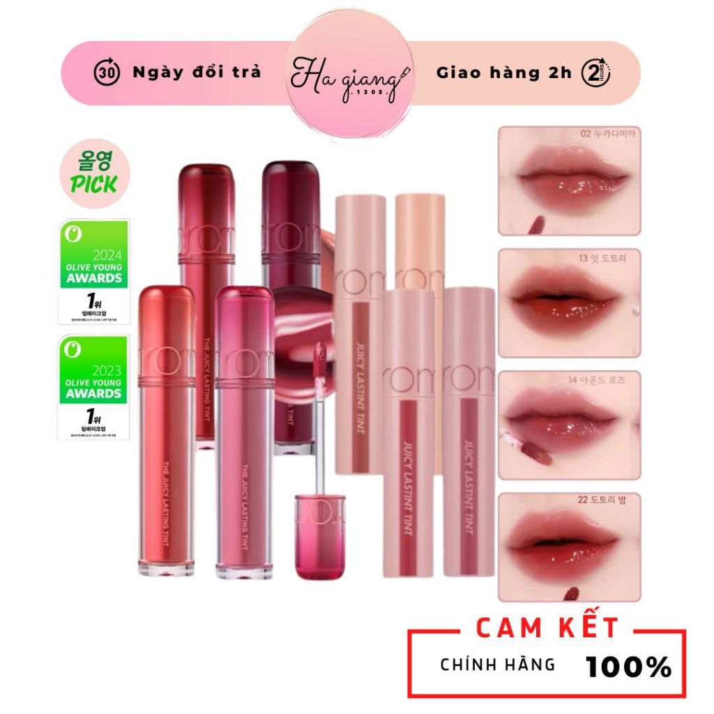 Son Tint Bóng Romand Juicy Lasting Tint màu 23, 30 Màu Đỏ Nâu Nude 24 Đỏ Hồng Nude
